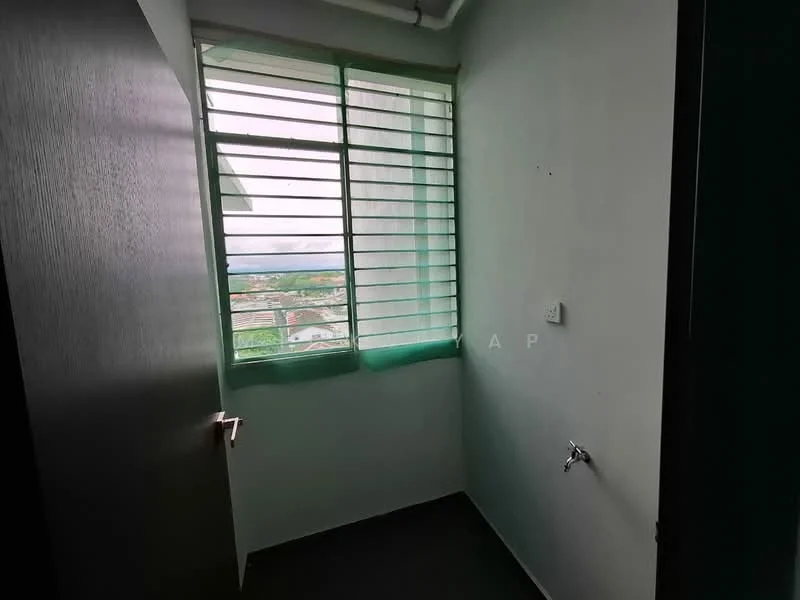 Room features: green sliding windows, white painted walls, dark flooring, corner room, single wall-mounted faucet, view of surrounding area.