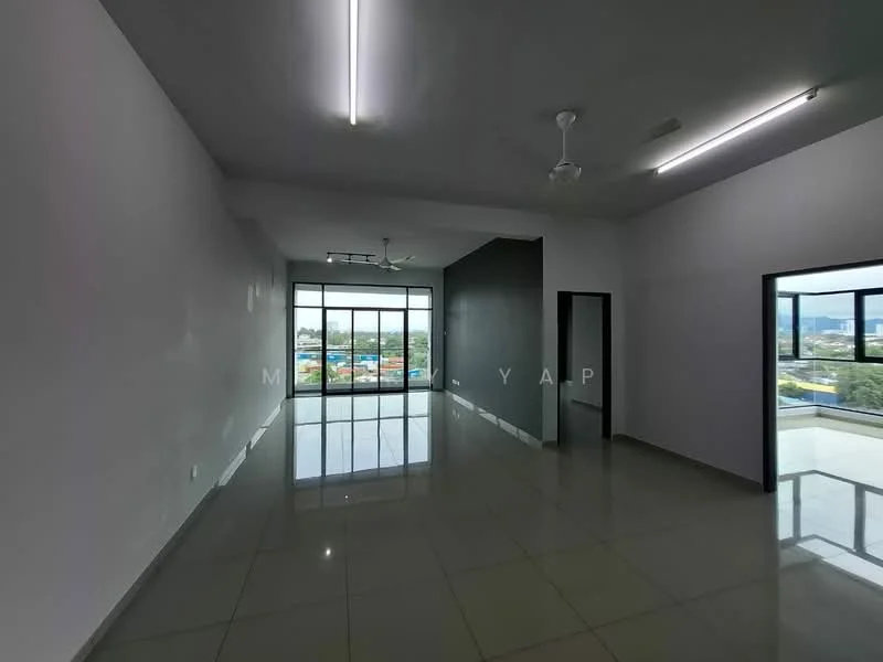 Room features: white painted walls, grey accent wall, polished tile flooring, floor-to-ceiling windows, sliding glass door, ceiling fan, recessed LED downlights; style: modern; view: city.