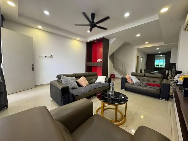 Living features: 3-seater fabric sofa in grey, 2-seater leather sofa, coffee table with round glass top and gold base, wall-mounted TV, recessed downlights, ceiling fan with light, white painted walls, cream tiled flooring, decorative wall with red accent, open staircase, curtains, decorative items on shelves; style: modern.