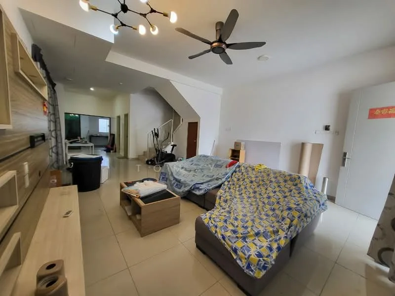 Living features: 2 grey fabric sofas, ceiling fan, light fixture with multiple bulbs, wall-mounted TV console, cream painted walls, tile flooring, decorative wall with shelves, open layout to kitchen, large window for natural light; style: modern. Room features: staircase leading to upper floor, open space leading to kitchen, unknown furniture items.