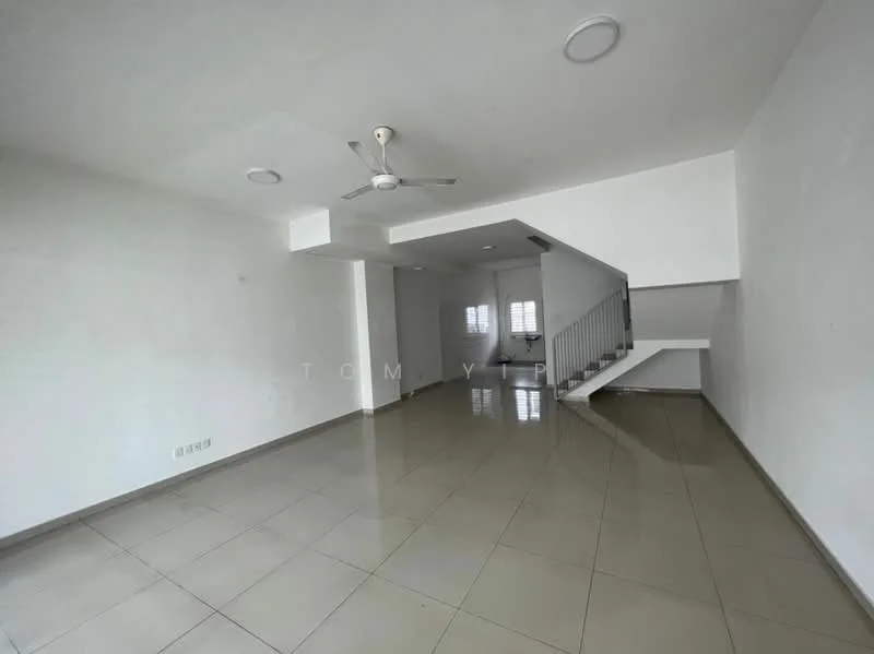Room features: white painted walls, polished ceramic tile flooring, 5-blade ceiling fan, recessed downlights, staircase with white railing, large windows, open layout, neutral color scheme; style: modern.