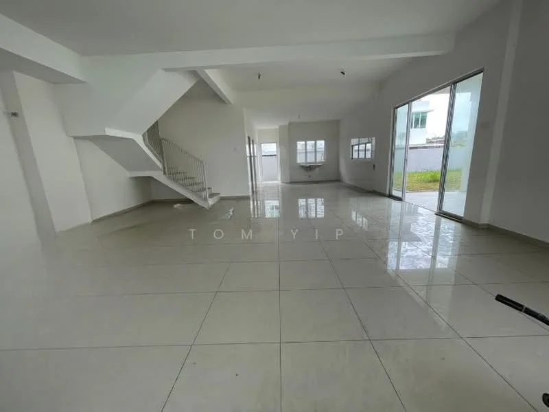 Room features: white painted walls, glossy ceramic tile flooring, large windows, sliding glass door, staircase with metal railing, open layout, natural light, high ceiling; style: modern; view: garden.