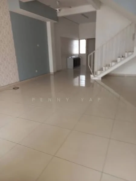 Living features: cream tiled flooring, white painted walls, grey accent wall, high ceiling with exposed beams, large windows allowing natural light, open layout, staircase leading to upper level, wall-mounted light fixtures; style: modern. Kitchen features: kitchen cabinetry visible, countertop, open layout towards living area; style: modern.