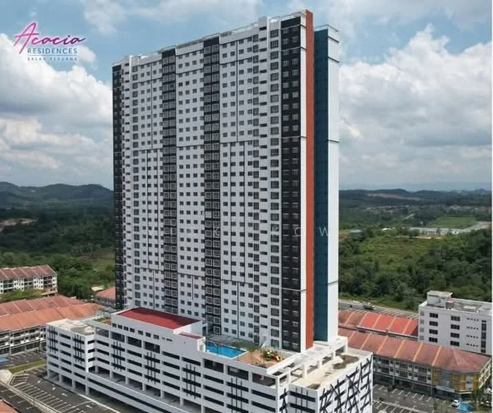 Exterior type: high-rise condominium; features: glass curtain wall, white painted facade, black accent panels, recessed balconies, approximately 20-storey high-rise, infinity pool on podium level, landscaped garden area, surrounded by greenery, multi-storey car park, open-air parking lot; style: modern.