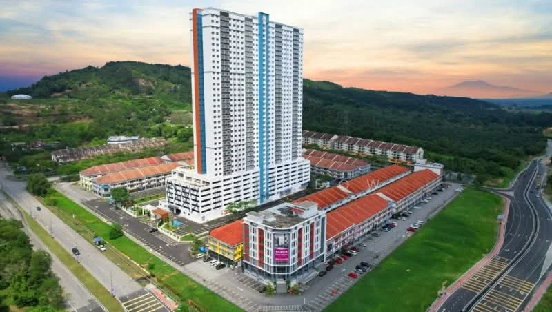 Exterior type: high-rise condominium; features: glass curtain wall, white painted facade, blue and white accent panels, approximately 20-storey high-rise, surrounded by mature greenery, landscaped grounds, parking lot, commercial units at ground level, red tiled roof on lower buildings, adjacent to main road; style: modern.