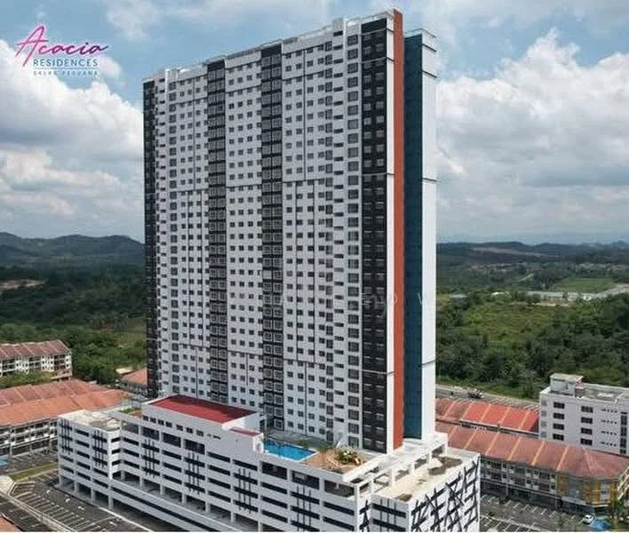 Exterior type: high-rise condominium; features: glass curtain wall, white painted facade, black accent panels, recessed balconies, infinity pool on rooftop, multi-storey car park, landscaped garden area, surrounded by greenery, elevated structure, modern architectural design; style: modern.