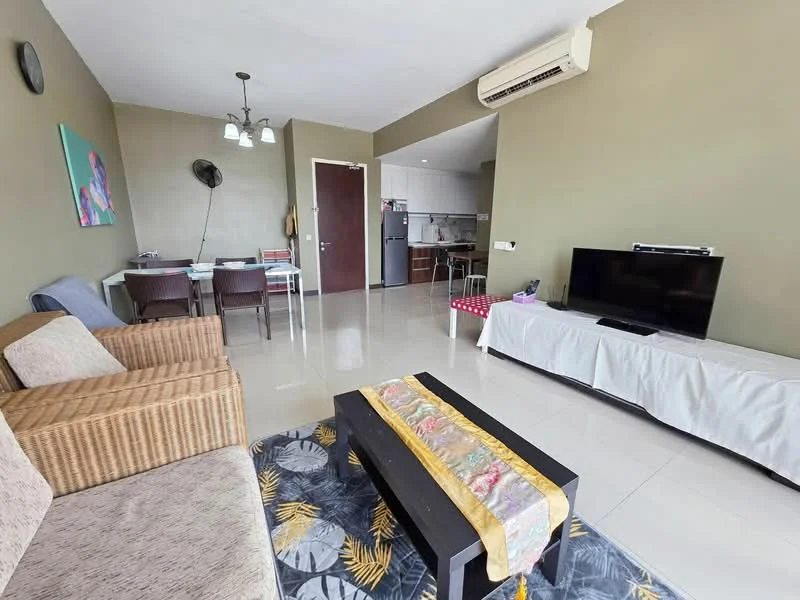 Living features: 3-seater fabric sofa in beige, 2-seater rattan sofa, coffee table with decorative runner, wall-mounted TV, TV console, area rug with floral pattern, floor-to-ceiling window, recessed downlights, wall-mounted fan, air conditioning unit, dining table with 4 chairs, kitchen visible in background; style: modern.