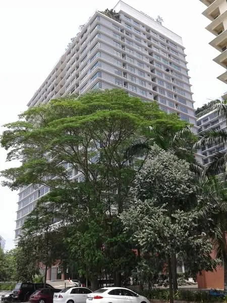 Exterior type: high-rise condominium; features: glass curtain wall, recessed balconies, approximately 20-storey high-rise, manicured lawn, mature trees, surrounded by greenery; style: modern.