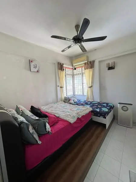 Bedroom features: two beds, queen-size bed with pink bedding, single bed with blue patterned bedding, ceiling fan, window with sheer curtains, wooden flooring, white painted walls, decorative wall art, air conditioning unit, wall-mounted sconce lighting; style: modern.