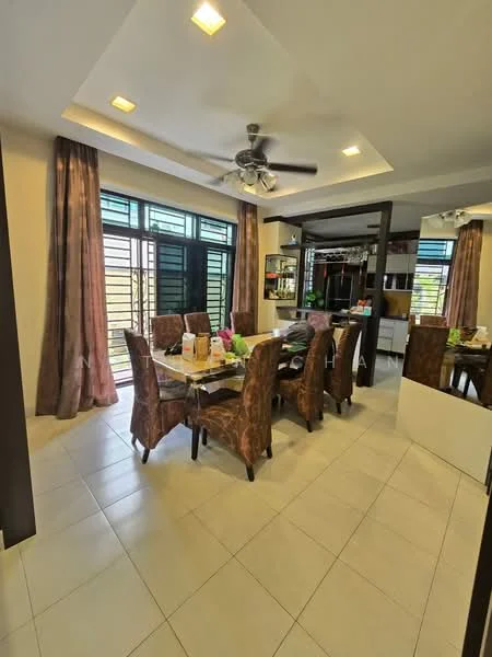 Dining features: dining table with 6 upholstered chairs, ceiling fan with light, large windows with sheer curtains, tiled flooring, decorative wall mirror, open layout to kitchen, wall-mounted cabinetry, recessed ceiling lights; style: modern.