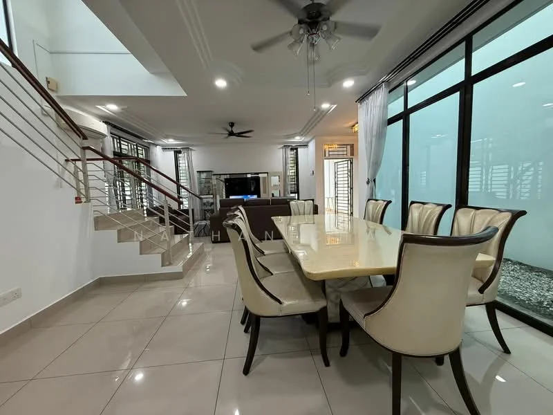 Dining features: 8-seater dining table with cream marble top, upholstered dining chairs in cream, large windows with sheer curtains, ceiling fan with light, white painted walls, tile flooring, decorative wall paneling, open layout to living area; style: modern. Living features: sofa set visible in background, TV console, wall-mounted TV, large windows, light-colored walls, ceiling fan, open layout to dining area; style: modern.