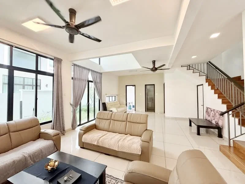 Living features: 3-seater leather sofa in beige, 2-seater leather sofa in beige, coffee table, ceiling fan with light, floor-to-ceiling windows, sheer curtains, marble tile flooring, area rug with geometric pattern, decorative wall art, open layout with high ceiling, staircase with wooden steps; style: modern; view: garden.