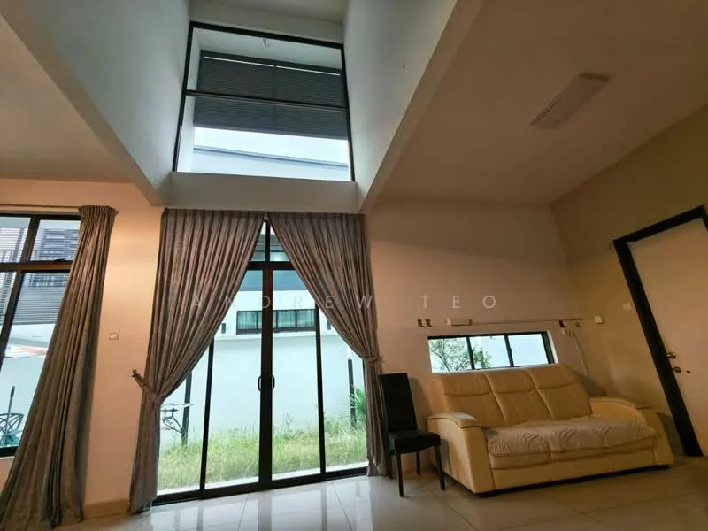 Living features: cream leather sofa, floor-to-ceiling windows, sheer curtains, sliding glass door, white painted walls, tile flooring, high ceiling, recessed downlights, view of garden; style: modern; view: garden.