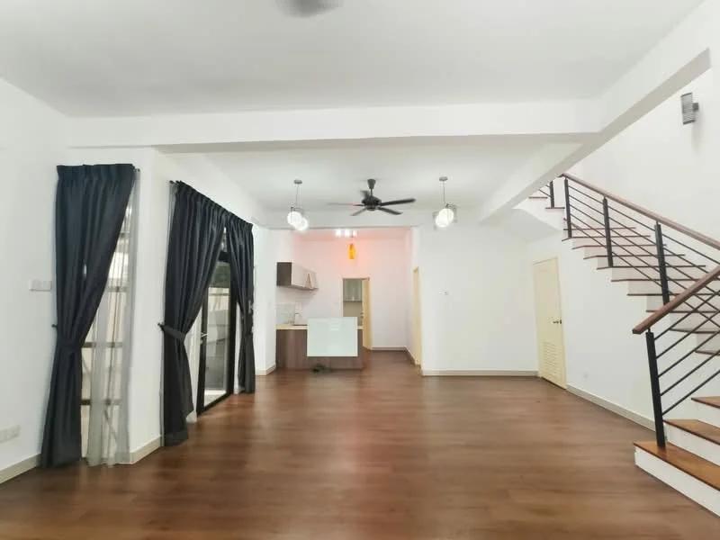 Living features: wooden flooring, white painted walls, 5-blade ceiling fan with light, pendant light, floor-to-ceiling windows with sheer curtains, open layout, staircase with wooden steps and metal railing, neutral color palette; style: modern. Kitchen features: white cabinetry, grey countertops, built-in kitchen appliances, open layout to living area; style: modern.