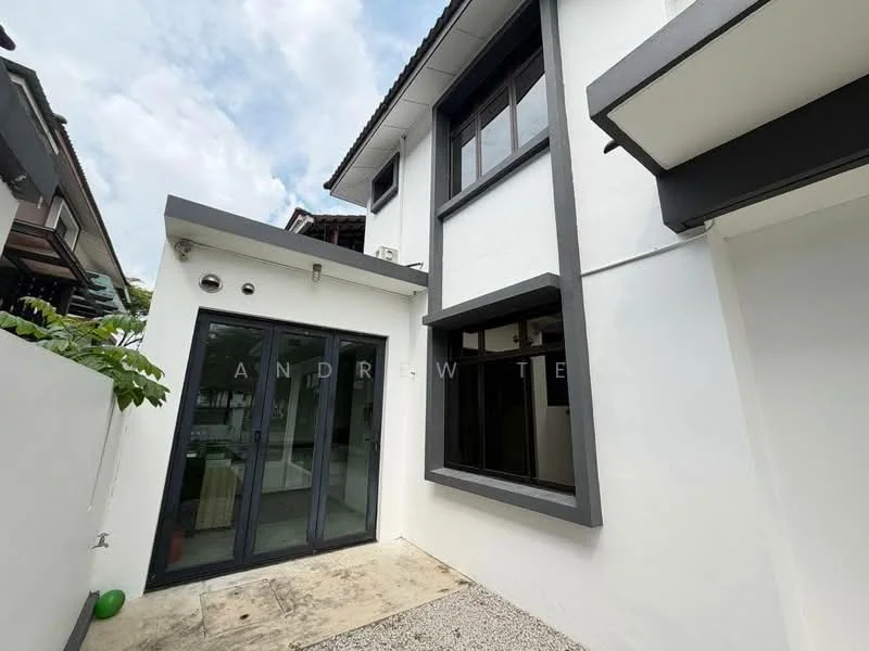 Exterior type: detached bungalow; features: white painted facade, black window frames, sliding glass doors, flat roof, exposed concrete, stone-paved walkway, manicured landscaping, two-storey structure; style: modern.