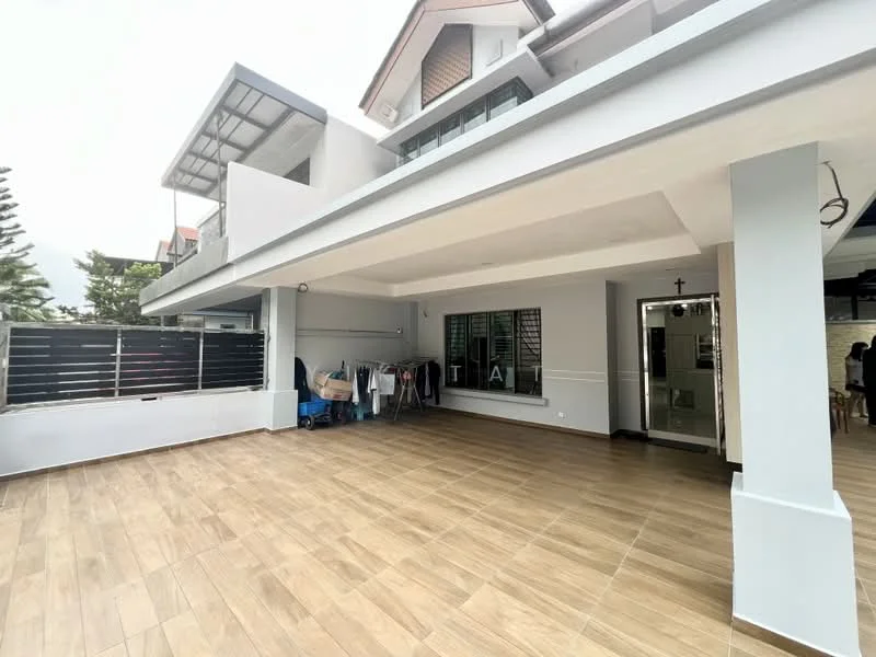 Exterior type: detached bungalow; features: spacious outdoor patio, tiled flooring, grey painted walls, covered carport, laundry area with clothes hanging, large windows, open layout, surrounded by greenery; style: modern.