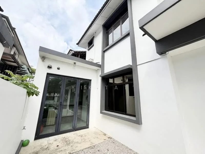 Exterior type: linked terrace house; features: white painted facade, grey accent trim, large glass sliding doors, exposed concrete flooring, manicured landscaping, two-storey structure, overhanging roof, modern architectural design; style: modern.