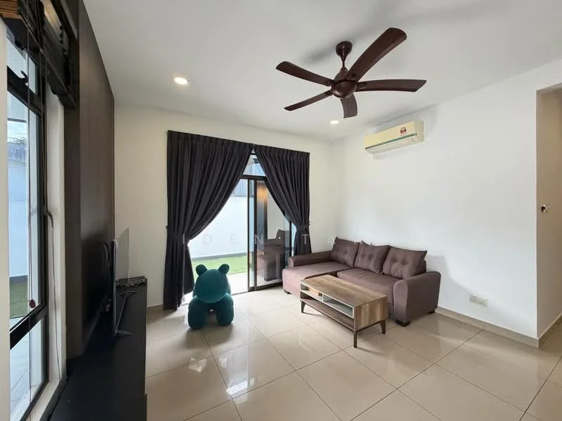 Living features: 3-seater fabric sofa in brown, wood coffee table, floor-to-ceiling windows, blackout curtains, 5-blade ceiling fan with light, wall-mounted TV, cream tiled flooring, air conditioning unit, decorative bear plush toy; style: modern.