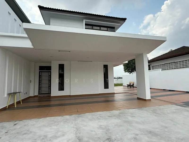 Exterior type: detached bungalow; features: white painted facade, flat roof, large windows, covered porch area, paved driveway, manicured lawn, outdoor seating area, surrounded by greenery; style: modern.
