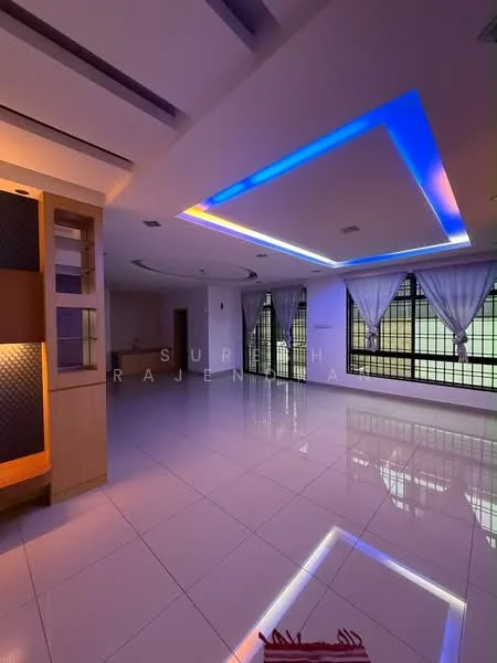 Room features: white painted walls, glossy white tile flooring, tray ceiling with LED strip lighting, recessed downlights, floor-to-ceiling windows, sheer curtains, decorative wall paneling, open layout; style: modern.