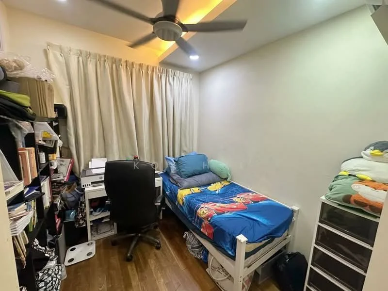 Bedroom features: single bed with blue bedding featuring cartoon characters, wooden flooring, white painted walls, ceiling fan with integrated LED light, curtains, study desk with chair, bookshelf with books and storage, plastic storage drawers.