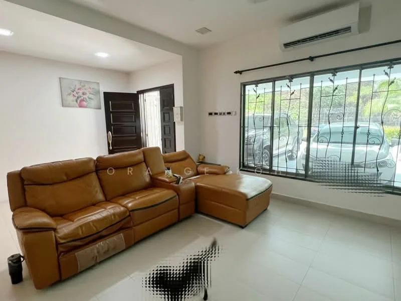 Living features: brown leather sectional sofa, coffee table, floor-to-ceiling windows, window with security grille, white painted walls, light-colored tile flooring, wall-mounted air conditioning unit, decorative wall art, curtains, light fixture on ceiling; style: modern; view: garden.