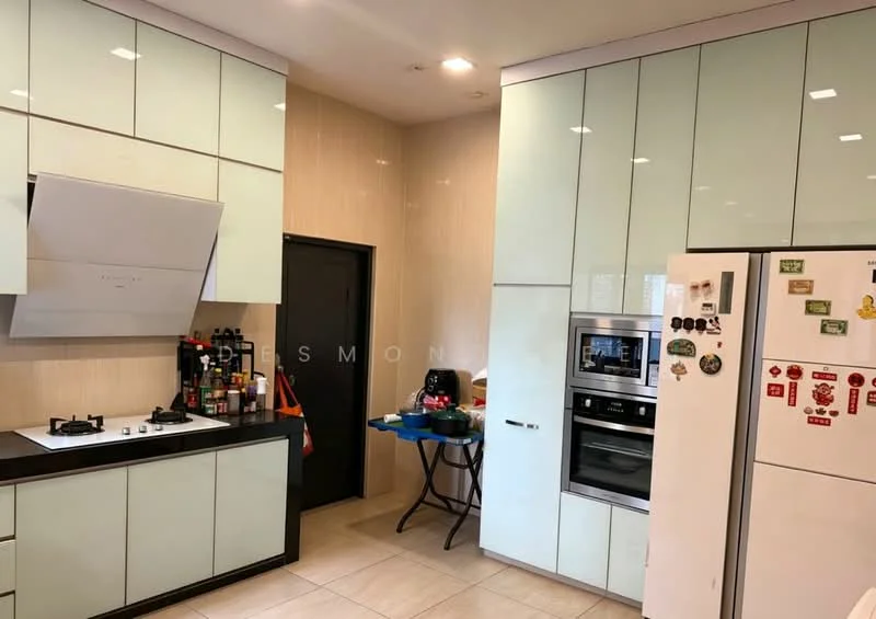Kitchen features: light green glossy cabinetry, black countertop, built-in oven, stainless-steel fridge, gas cooktop, extraction hood, tile flooring, wall-mounted storage, kitchen island, decorative magnets on fridge, open shelving, black door, table with items on it; style: modern.