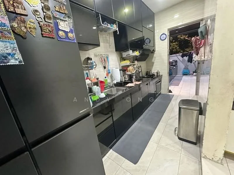 Kitchen features: black cabinetry, black refrigerator, stainless-steel sink, chrome pull-down faucet, white countertop, tile backsplash, built-in oven, freestanding range oven, microwave, kitchen utensils on countertop, floor tiles in light grey, wall clock, open shelving, trash bin; style: modern.