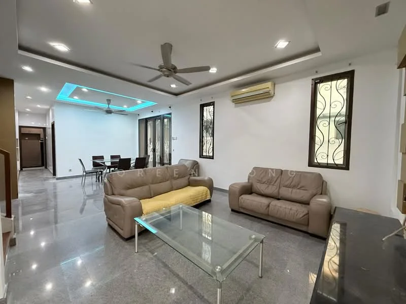 Living features: 2-seater leather sofa in beige, 3-seater leather sofa in beige, glass coffee table, ceiling fan, recessed LED downlights, wall-mounted air conditioning unit, floor-to-ceiling windows with decorative grills, grey polished tile flooring, white painted walls, accent ceiling with LED lighting; style: modern.