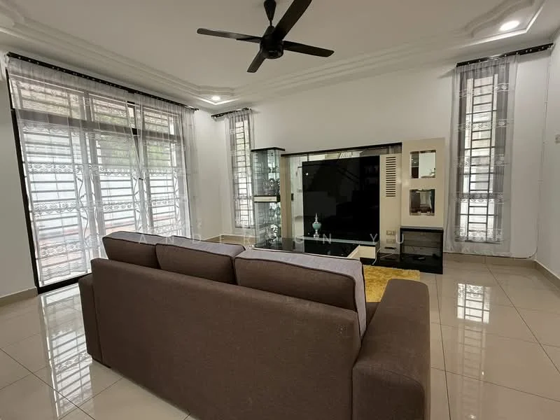 Living features: 3-seater fabric sofa in brown, coffee table, TV console, wall-mounted TV, floor-to-ceiling windows, sheer curtains, recessed downlights, cream painted walls, glossy tile flooring, ceiling fan with light, decorative mirror, area rug; style: modern.