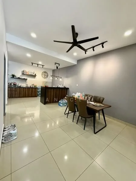 Dining features: 4-seater dining table, brown upholstered dining chairs, pendant lighting, 5-blade ceiling fan, recessed LED downlights, grey accent wall, cream tiled flooring, open layout to kitchen, decorative wall clock, kitchen counter visible in background; style: modern. Kitchen features: wood cabinetry, kitchen counter with bar stools, shelves with decorative items, kitchen appliances visible, open shelving; style: modern.