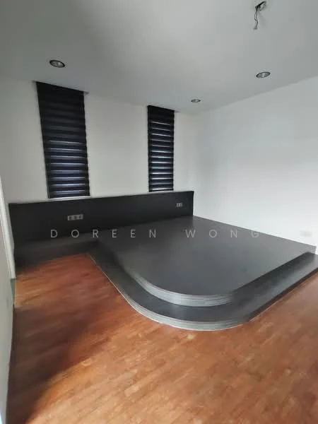 Room features: dark wooden flooring, white painted walls, black window blinds, recessed ceiling lights, platform area, built-in seating, electrical outlets on wall; style: modern.