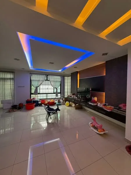Living features: white painted walls, glossy ceramic tile flooring, tray ceiling with LED strip lighting, large windows with sheer curtains, wall-mounted TV, dark feature wall, open space layout, decorative items on shelves, children's toys visible, seating area with chairs, area rug, furniture pieces scattered; style: modern.