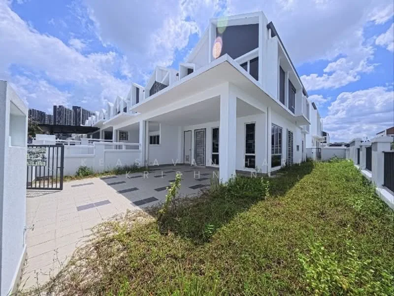 Exterior type: linked terrace house; features: white painted facade, flat roof, manicured lawn, paved walkway, fenced yard, surrounded by greenery, two-storey structure, large windows, open outdoor space, gated entrance; style: modern.