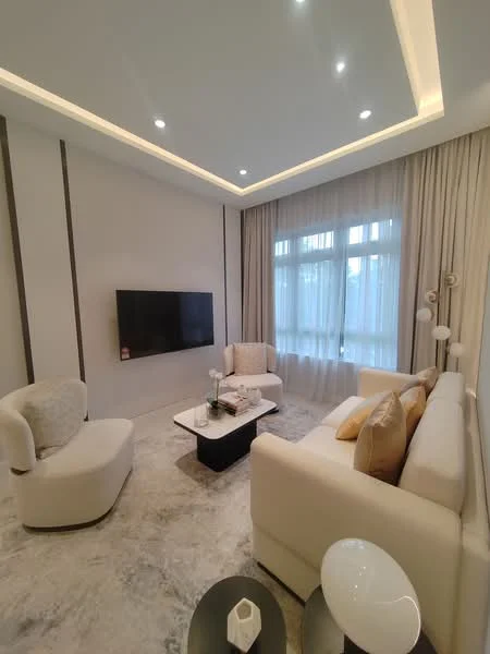 Living features: white fabric sofa, 2-seater sofa, accent chair in cream, black coffee table, wall-mounted TV, recessed LED downlights, curtains in light fabric, marble flooring, decorative floor lamp, decorative cushions in beige, feature wall with vertical lines, neutral wall colour; style: modern.