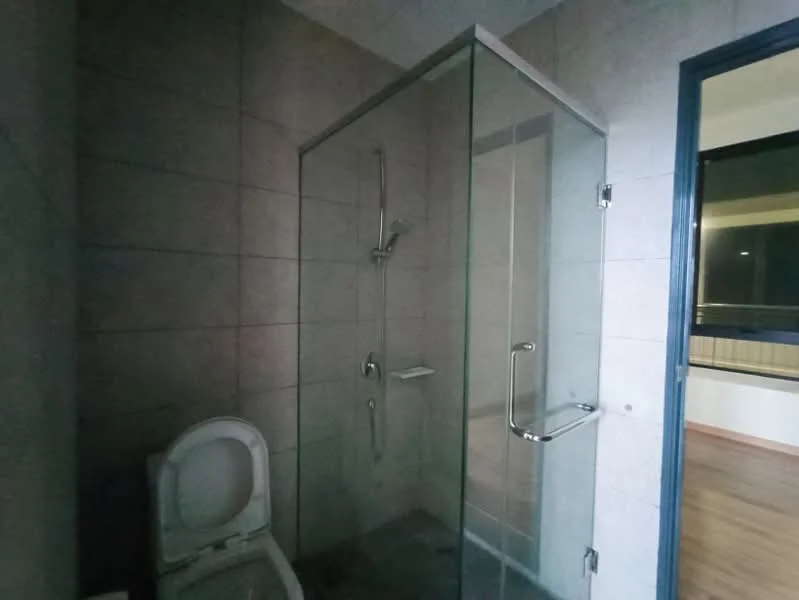 Bathroom features: walk-in shower with glass enclosure, rain shower head, handheld shower, one-piece toilet, tile cladding on walls, grey tile flooring, chrome shower controls, glass shower door; style: modern.