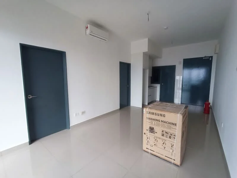 Room features: white painted walls, grey door, grey door frame, wall-mounted split AC, tile flooring, box in the center of the room, fire extinguisher, light ceiling, open layout; style: modern.