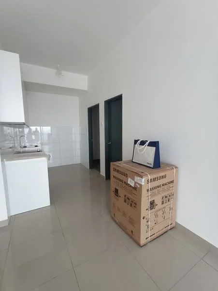 Room features: white painted walls, grey tiled flooring, ceiling fan, kitchen cabinetry in white, countertop in light color, stainless-steel sink, door to hallway, door to another room, cardboard box, shopping bag; style: modern.