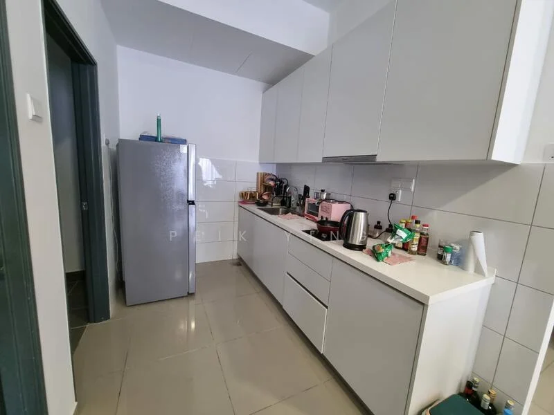 Kitchen features: white cabinetry, stainless-steel fridge, white countertop, ceramic tile flooring, built-in sink, kettle, toaster, blender, various condiments and bottles on countertop, wall-mounted electrical outlets, modern cabinet handles, tile backsplash; style: modern.