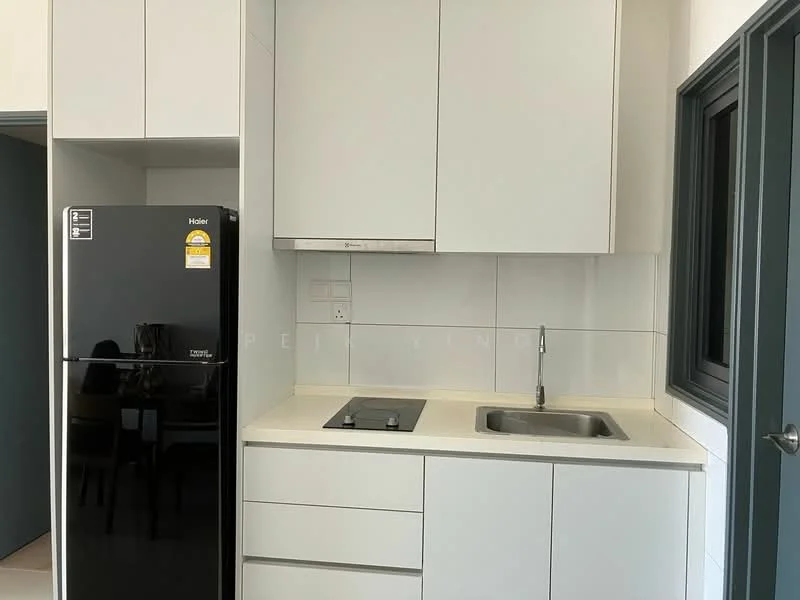 Kitchen features: white cabinetry, black refrigerator, stainless-steel sink, chrome pull-down faucet, built-in stove, white countertop, white tiled backsplash, wall-mounted cabinets, floor-to-ceiling cabinetry, window for natural light; style: modern.