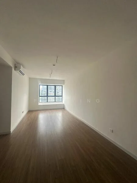 Living features: light wood laminate flooring, white painted walls, recessed downlights, floor-to-ceiling windows, window treatments not visible, 1 wall-mounted split AC, open layout, no visible furniture or decor; style: modern; view: city.