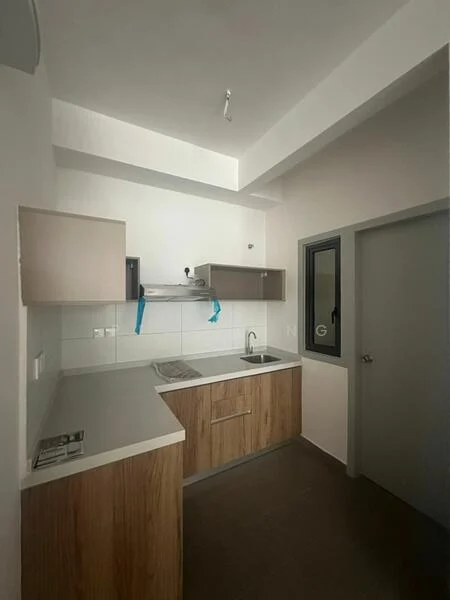 Kitchen features: laminate cabinetry in light wood finish, white countertop, single-bowl stainless-steel sink, chrome pull-down faucet, built-in kitchen hood, wall-mounted window, grey tiled flooring, recessed ceiling light; style: modern.