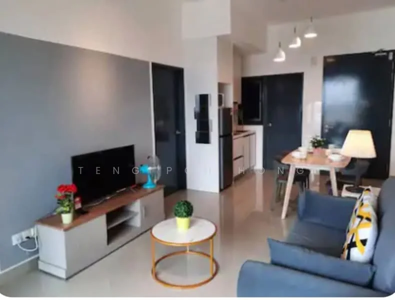 Living features: grey painted walls, cream painted walls, polished tile flooring, 3-seater fabric sofa in grey, coffee table with round top, TV console, wall-mounted TV, decorative houseplants, floor lamp, dining table with chairs, open kitchen area, refrigerator, kitchen cabinets; style: modern.