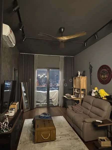 Living features: grey painted walls, dark ceiling, wood flooring, 5-blade ceiling fan, recessed lighting, floor-to-ceiling windows, sliding glass door, curtains, sofa in beige, coffee table, TV console, decorative wall art, area rug; style: modern; view: city.