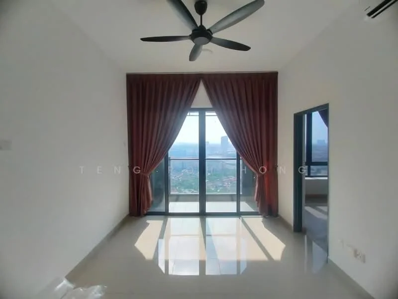 Living features: floor-to-ceiling windows, sliding glass door, curtains in burgundy, 5-blade ceiling fan, white painted walls, glossy tile flooring, view of city skyline, recessed ceiling lights; style: modern; view: city.