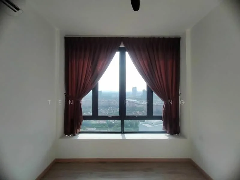 Room features: floor-to-ceiling windows, brown curtains, white painted walls, wooden flooring, 1 wall-mounted split AC, city view; style: modern; view: city.