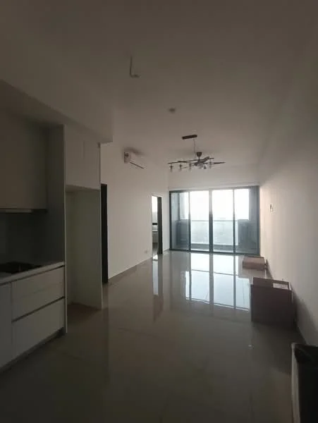 Living features: white painted walls, polished ceramic tile flooring, 5-blade ceiling fan with light, floor-to-ceiling windows, sliding glass door, natural light, open layout, air conditioning unit; style: modern. Kitchen features: white cabinetry, stainless-steel sink, built-in stove, countertop with backsplash; style: modern.