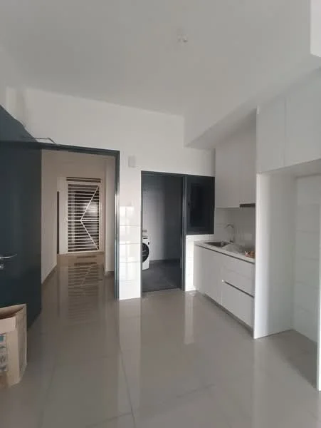 Kitchen features: white cabinetry, single-bowl stainless-steel sink, chrome pull-down faucet, white tiled backsplash, built-in oven, freestanding range oven, ceramic tile flooring, recessed downlights; style: modern. Room features: grey walls, open layout, doorway leading to another room.