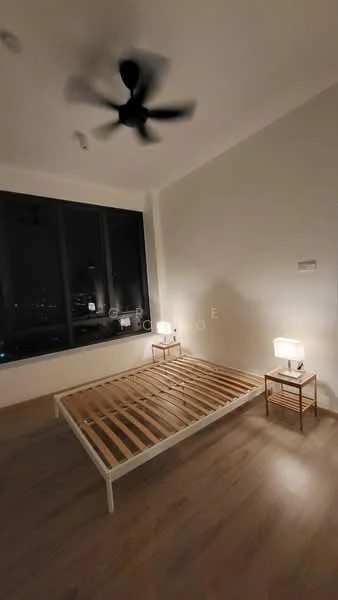 Bedroom features: wooden flooring, white painted walls, 5-blade ceiling fan, floor-to-ceiling windows, two bedside tables, table lamps on bedside tables, unframed bed frame with slats; style: modern; view: city.