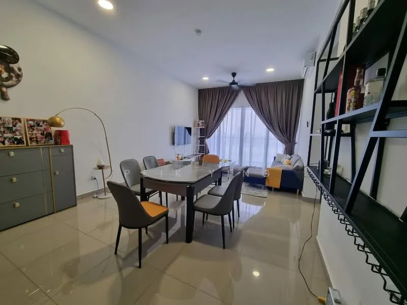 Living features: grey tiled flooring, white painted walls, high ceiling, floor-to-ceiling windows, sheer curtains, 3-blade ceiling fan, wall-mounted TV, black shelving unit, dining table with 6 chairs, gold floor lamp, decorative wall art, sofa in blue and yellow, area rug; style: modern; view: city.